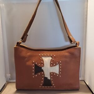 Brown Leather Shoulder Bag with Cowhide Cross Inlaid Design